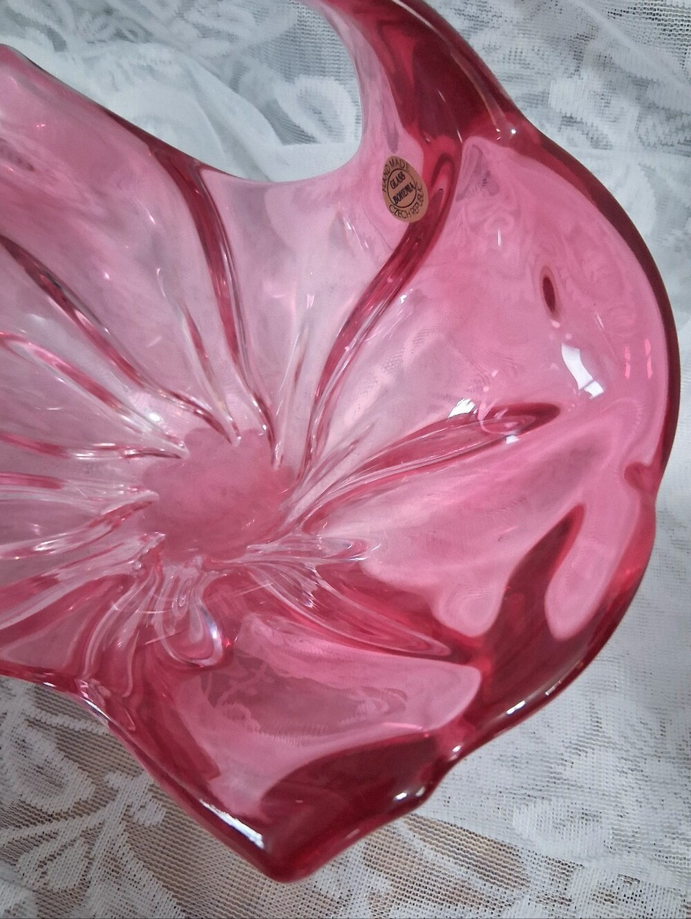 Vintage Bohemian Art Glass Basket Cranberry Clear Cased Glass Mid Century Czech - Picture 14 of 16
